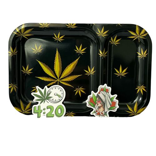 Plateau À Rouler Noir 24 X 15 Cm Deux Compartiments + Stickers - Article Pour Fumeurs