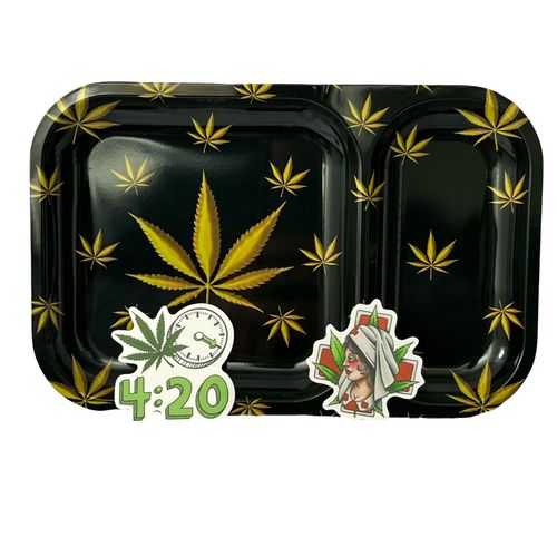 Plateau À Rouler Noir 24 X 15 Cm Deux Compartiments + Stickers - Article Pour Fumeurs