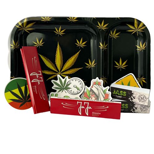 Plateau À Rouler Noir 24 X 15 Cm + Feuilles Slim X2 + Tips X2 + Stickers - Cadeau Pour Les Fumeurs - Smoke Box - 420 Accessories - 420 Gift