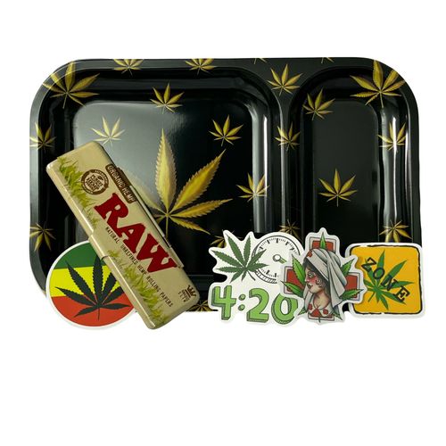 Plateau À Rouler Noir 24 X 15 Cm + Etui Feuille Slim Raw + Stickers - Cadeau Pour Les Fumeurs - Boite Fumeur - 420 Gift - 420 Accessories