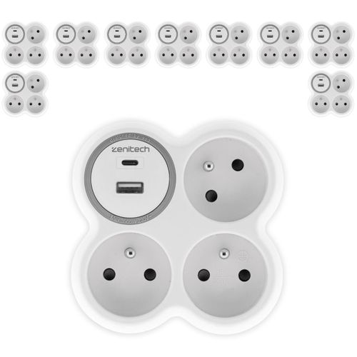 Lot de 5 prises 3x16A + 2 ports USB A/C - blanc et gris - Bolea - Zenitech