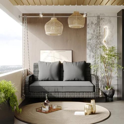 Balançoire De Jardin, Rotin Gris, Coussin D'assise Gris, 2 Places, Avec Coussins D'assise Et De Dossier, Amovibles, Lavables