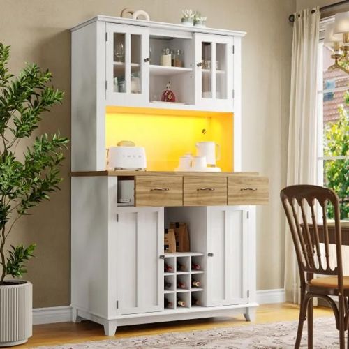 Armoires De Cuisine,Buffets De Cuisine Hauts,Vitrines,Buffets Avec Étagères Réglables,Buffets Avec Éclairage Led(Tiroirs En Bois