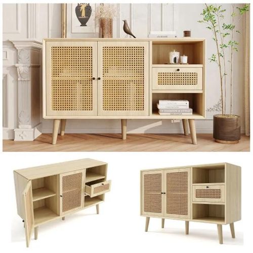 Buffet, Commode Avec 1 Tiroir Et 2 Portes Magnétiques, Tissu Rotin Sur Les Panneaux De Porte