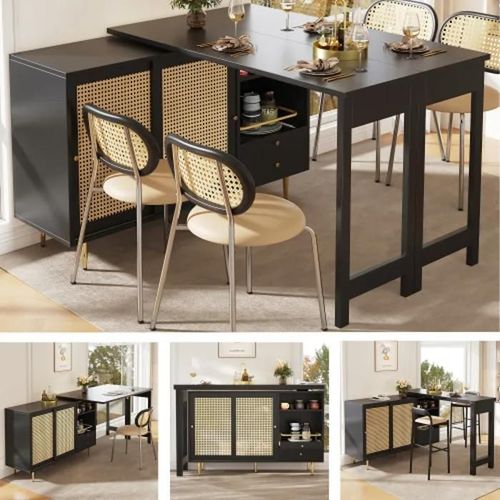 Table Haute Pivotant Sur 360° (Corps: 107 X 40 X 71,4 Cm), Meuble De Rangement À Porte En Rotin + Étagères De Rangement Ouvertes