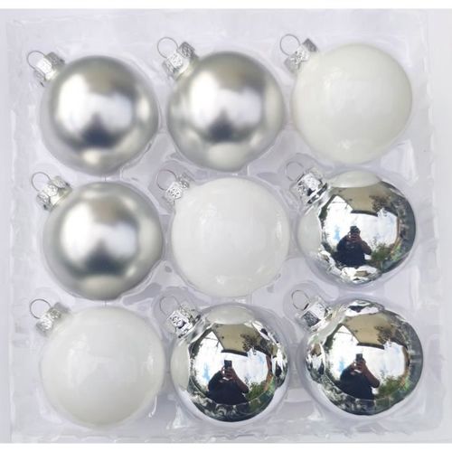 Lot de 18 Boules de Noel en VERRE Blanc Argent 6cm, Decoration Sapin de Noel.
