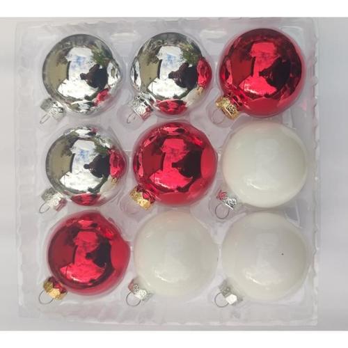 Lot de 18 Boules de Noel en VERRE Rouge Blanc Argent 6cm, Decoration Sapin de Noel.