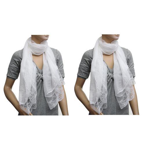 2x Femme Echarpes Mousseline De Soie Dentelle Foulard Wrap Blanc