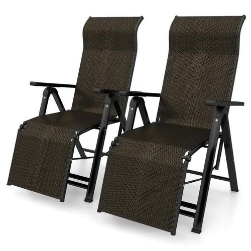 Costway Lot De 2 Chaises Longues De Jardin Pliables En Rotin Pe, Dossier Réglable, Fauteuil Inclinable Pour Patio Terrasse Balcon