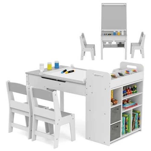 Costway Table 3 En 1 Et 2 Chaises Enfants -Rouleau De Papier -Plateau Rabattable - Étagères -Bacs En Tissu-8 Pots De Peinture Gris