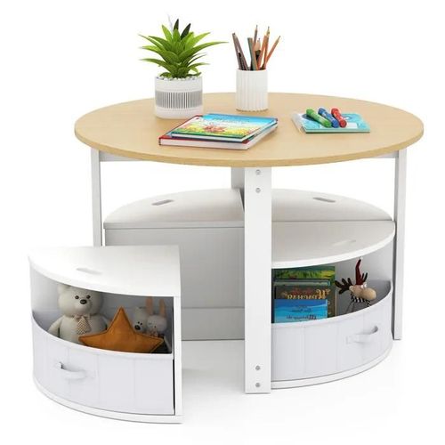 Ensemble Table Et Chaises Pour Enfants - Costway - 4 Tabourets - 4 Tiroirs En Tissu Pour Activités, Jeux, Art, Lecture Naturel