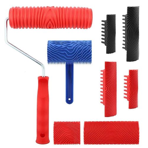 Ensemble d¿outils de grain de bois - Rouleau de peinture de grain de bois avec poignée pour mur sol Meubles de terrasse Décoration de chambre de bricolage