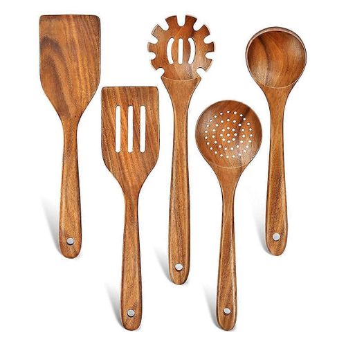 Ustensiles En Bois Pour Cuisiner, 5 Pcs Ensemble D¿Ustensiles De Cuisine En Bois De Teck Naturel Cuillères En Bois Pour Cookin