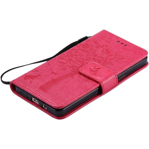 Coque Pour Samsung Galaxy A5 2015, Etui En Cuir Pu Portefeuille, Antichoc Flip Case Housse Retro Emboss Serie De Chat Et Darbre Pour Samsung Galaxy A5 2015 - Rose Vif