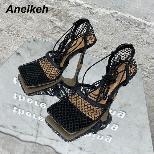 Aneikeh-Escarpins En Maille Sexy Pour Femmes,Sandales À Talons Hauts,Lacets Croisés,Robe Creuse Stiletto,Chaussures De Soirée,Été,2024
