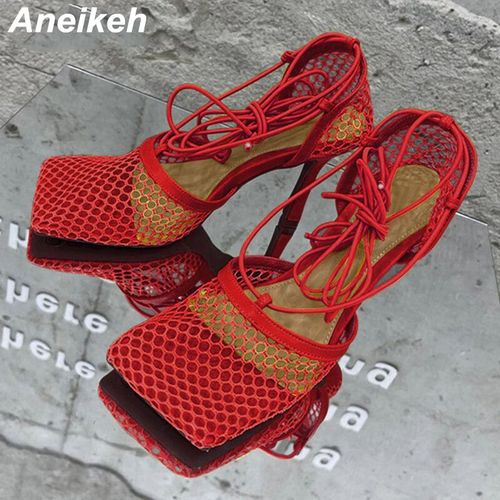Aneikeh-Escarpins En Maille Sexy Pour Femmes,Sandales À Talons Hauts,Lacets Croisés,Robe Creuse Stiletto,Chaussures De Soirée,Été,2024
