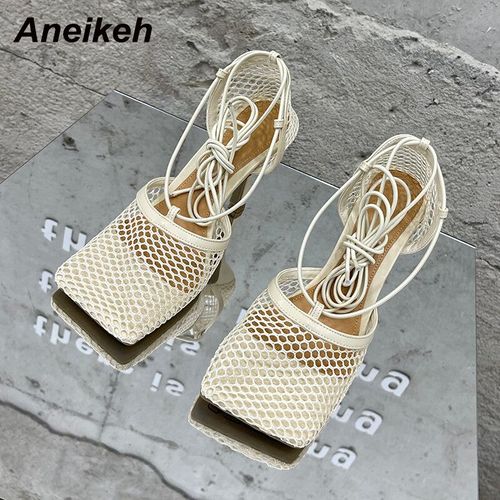 Aneikeh-Escarpins En Maille Sexy Pour Femmes,Sandales À Talons Hauts,Lacets Croisés,Robe Creuse Stiletto,Chaussures De Soirée,Été,2024