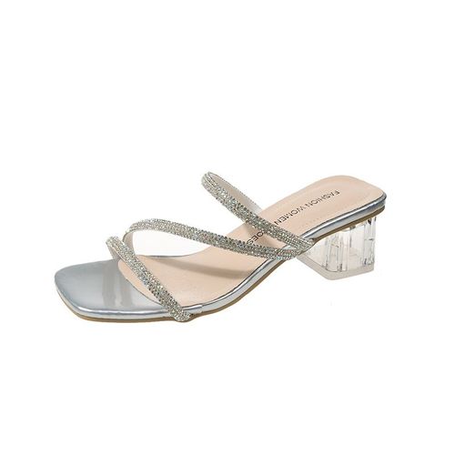 Sandales À Biscuits Pour Femmes,Pantoufles À Talons Carrés En Cristal,Simples Et Brillantes,Vacances Avec Jupe,Tendance De La Mode,Été 2024