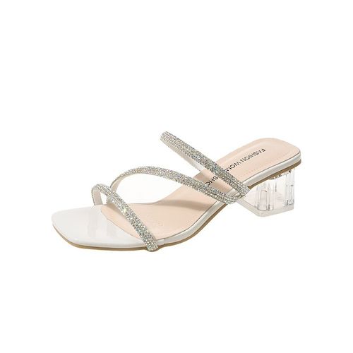Sandales À Biscuits Pour Femmes,Pantoufles À Talons Carrés En Cristal,Simples Et Brillantes,Vacances Avec Jupe,Tendance De La Mode,Été 2024