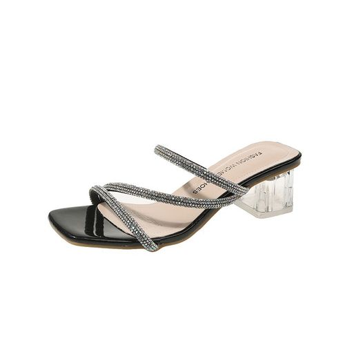 Sandales À Biscuits Pour Femmes,Pantoufles À Talons Carrés En Cristal,Simples Et Brillantes,Vacances Avec Jupe,Tendance De La Mode,Été 2024