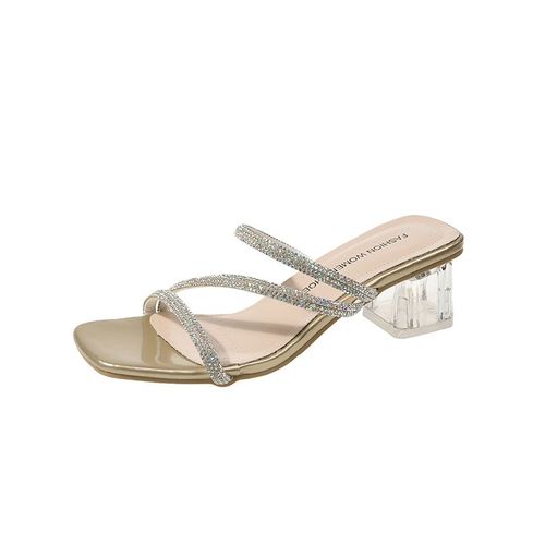 Sandales À Biscuits Pour Femmes,Pantoufles À Talons Carrés En Cristal,Simples Et Brillantes,Vacances Avec Jupe,Tendance De La Mode,Été 2024
