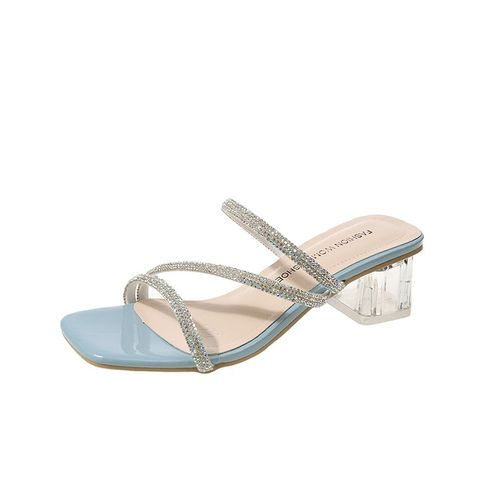 Sandales À Biscuits Pour Femmes,Pantoufles À Talons Carrés En Cristal,Simples Et Brillantes,Vacances Avec Jupe,Tendance De La Mode,Été 2024