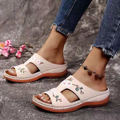 Sandales En Cuir À Fleurs Pour Femme,Pantoufles D'extérieur Légères Et Décontractées,Chaussures D'été À Enfiler,2023