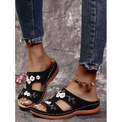 Sandales En Cuir À Fleurs Pour Femme,Pantoufles D'extérieur Légères Et Décontractées,Chaussures D'été À Enfiler,2023