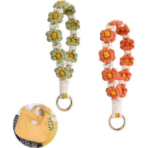 2 Pièces De Ruban Macramé Porte-Clés Boho Lanyard Court Porte-Clés Pour Femmes Porte-Clés Bracelet Macramé Bracelet Multicolore Avec Des Marguerites Comme Porte-Clés