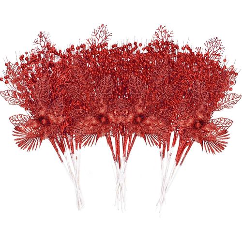 28 Pièces Décorations De Sapin De Noël Rouge Artificielles Paillettes Branches De Noël Fleurs De Baies Brindilles Fausses Florales De Noël Pour Arbre De Noël Table Fêtes De Mariage Maison Décor