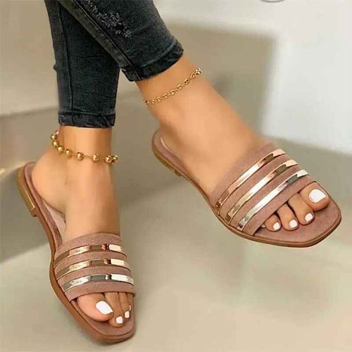 Pantoufles D'été À Rayures Métalliques Pour Femmes,Chaussures Plates,À La Mode,Sandales D'extérieur Décontractées,Grande Taille 43,Nouvelle 2024