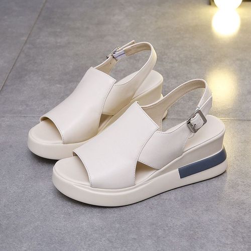 Sandales À Semelle Compensée En Cuir Souple Pour Femme,Chaussures D'été À Talons Hauts,Bouche De Poisson,Nouvelle