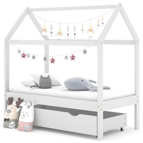 Cadre De Lit D'enfant Avec Un Tiroir Blanc Pin Massif 70x140 Cm
