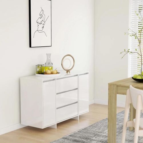 Buffet Et 3 Tiroirs Blanc Brillant 120x41x75 Cm Bois Ingénierie