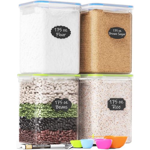 Chef¿S Path Boîte De Rangement Cuisine Lot De 4 Bocaux Hermétiques Alimentaires Extra Larges Pour Sucre Farine Céréales Riz-Cuillères À Mesurer,Stylo Et Étiquettes Conservation Des Aliments (5,2l)