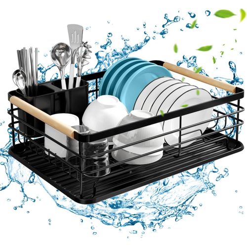 Egoutoire Vaisselle Cuisine,Égouttoir À Vaisselle Avec Panier À Couverts Et Plateau D'égouttement Amovible,43x30x14cm,Séchoir À Vaisselle Pour Rangement Couverts Assiettes Verres (Noir)