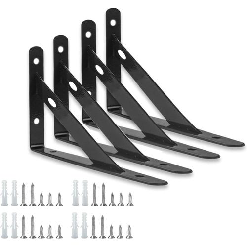 Equerre Etagere Murale 150mm 4 Pièces Supports Équerre D'étagère Fixation Noir Equerre Charge Lourde Supports Triangulaires De 90 Degrés En Métal