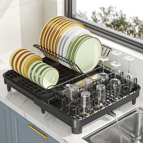 Égouttoirs À Vaisselle Noir Extensible Égouttoir Vaisselle En Acier Inoxydable Pour Comptoir De Cuisine Egouttoir Evier Avec Porte-Ustensiles Et Bac D'égouttement (Style 1)