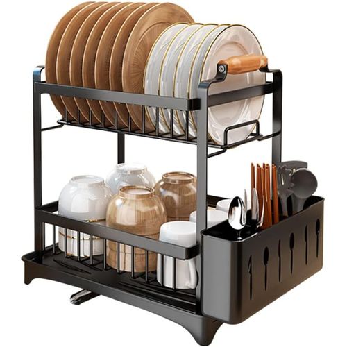 Égouttoir À Vaisselle De Cuisine Avec Plateau D'égouttement Et Support À Ustensiles Élégant Et Bien Conçu Pour Comptoir (36 * 26 * 37.5cm-Noir)