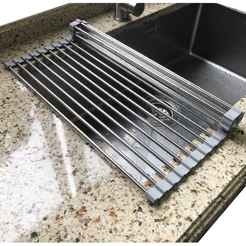 Égouttoir À Vaisselle Enroulable,Égouttoir À Vaisselle Au-Dessus De L'évier,Égouttoir À Vaisselle Portable En Acier Inoxydable,Multifonction,Organiseur De Cuisine (Gris 45x30cm)