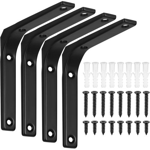 4 Pcs Équerre Étagère Métal,Équerre Étagère Noir,Support Étagère,Console Étagère Porte-Étagère,Support Charge Lourde,Support Mural Équerre De Fixation Pour Étagère,125x125mm