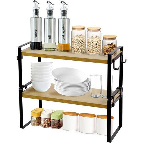 Étagère À Épices,Lot De 2,Porte-Épices En Bois,Organisateur D'épices,Étagère De Rangement Extensible,Avec Crochets En Métal Et Tiroir En Tissu,Chêne,50,5 Cm De Large