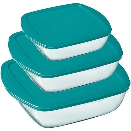 Cook & Store-Lot De 3 Boîtes De Conservation Carrées En Verre Avec Couvercles-0,35l,1l,2,2l-Verre Borosilicate-Larges Poignées-Idéal Pour Conserver Des Plats-Made In France