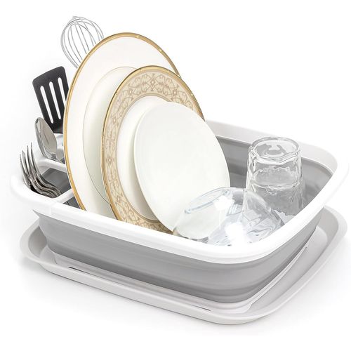 Égouttoir À Vaisselle Pliable En Plastique De 8 L Avec Égouttoir¿Égouttoir Pliable¿Organiseur De Vaisselle Portable¿Plateau De Rangement De Cuisine Peu Encombrant (Blanc/Gris,1)