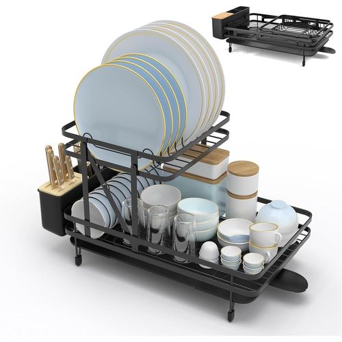 Égouttoir À Vaisselle Extensible Avec Porte-Couverts Amovible,Égouttoir À Vaisselle À 2 Étages,Égouttoir Avec Évier Rotatif À 360°