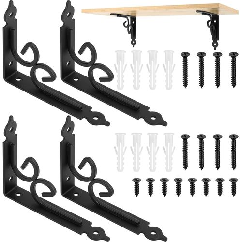 4 Pcs Equerre Etagere Murale,Support Etagère Murale,Équerre Étagère,Équerre D'étagère Murale,Equerre Murale Triangulaires Rétro,Équerres Étagère De Fixation Murale Métallique Noire 115x150mm
