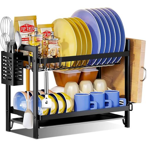 Egoutoire Vaisselle Cuisine À 2 Niveaux,Égouttoir Vaisselle Noir,Égouttoir Vaisselle En Inox,Égouttoir À Vaisselle Avec Porte-Ustensiles Et Bac D'égouttement,Séchoir À Vaisselle