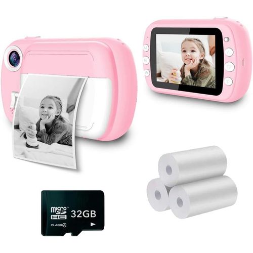 P9 Appareil Photo Instantané Pour Enfants,Impression En Noir Et Blanc,Sur Papier Thermique,1080P,Caméra Numérique Fhd,Lcd 3,5"",Micro Sd De 32 Go,Rose