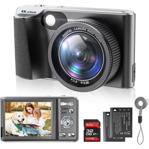 Appareil Photo Numérique 4K,Autofocus 48 Mpx,Appareil Photo Compact Youtube Avec Flash,Zoom Numérique 18X,Anti-Secousses,Macrophotographie,Carte Sd 32 Go Et 2 Piles