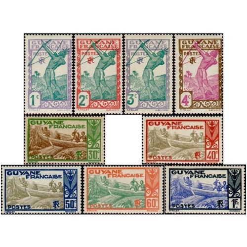 Guyane, Colonie Française 1929 / 1940, Beaux Timbres Neufs* Yvert 109 110 111 118 120 157 158 160 Et 163, Chasseur Indigène Tirant À L'arc Ou Pirogue Sur Le Fleuve Maroni.